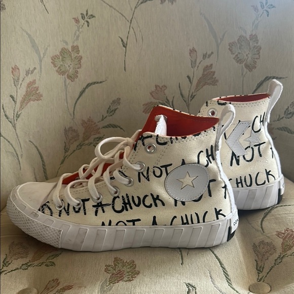 White and Orange High-Top Sneakers with Classic Design - Picture 4 of 6